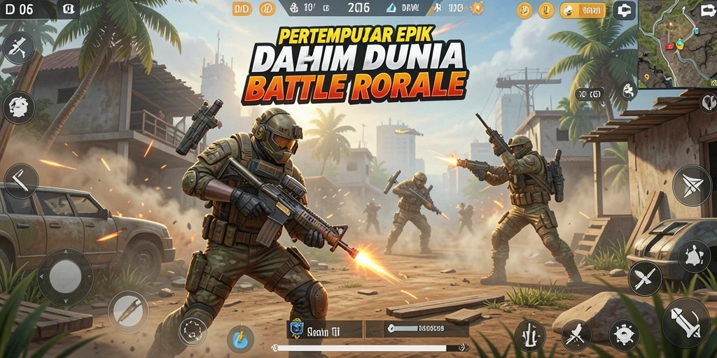 Screenshot D06 menampilkan aksi pertempuran Battle Royale yang mendebarkan.