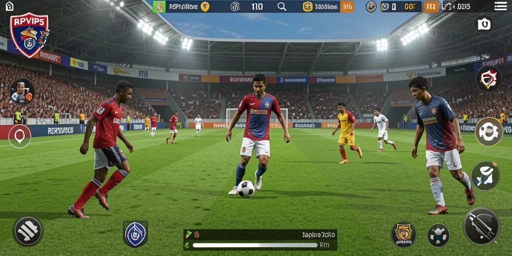 Screenshot RPVIP5 menampilkan aksi seru gameplay sepak bola.