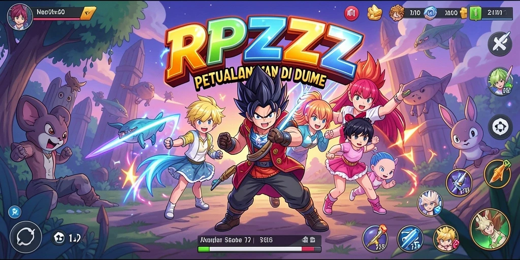 Screenshot gameplay RPZZZ menampilkan karakter Anime yang penuh warna.